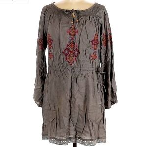 Z&L Grey Cross Stitch Long Sleeve Dress Women's Medium M Tie Waist Boho Cute EUC